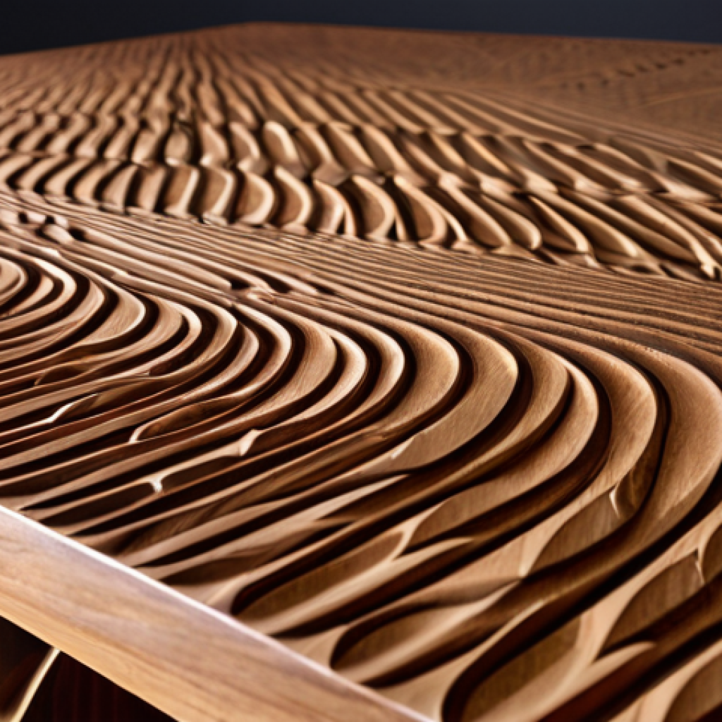 A close-up shot of an aged, handcrafted wooden table, its surface showing subtle imperfections and a warm, inviting glow, capturing the essence of traditional craftsmanship and the tactile "soul" of furniture. Adjacent to it, a modern, intricately designed chair featuring sharp, precise lines achieved through CNC cutting, highlighting efficiency and geometric complexity. The image subtly conveys the contrast between timeless human touch and cutting-edge machine precision.