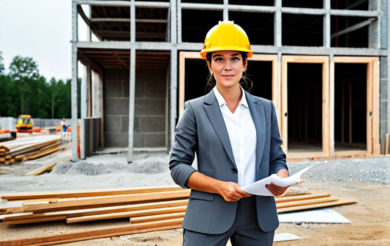 **

A professional female architect in a modest grey pantsuit, standing on a construction site, wearing a hard hat, blueprints in hand, fully clothed, safe for work, perfect anatomy, correct proportions, natural pose, construction site background, professional, appropriate attire, family-friendly, high quality.

**
