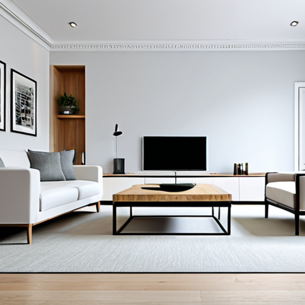 **Prompt:** Modern minimalist living room, light color palette, well-lit, comfortable layout with sofa and TV, safe for work, appropriate content, fully clothed, professional, perfect anatomy, natural proportions.