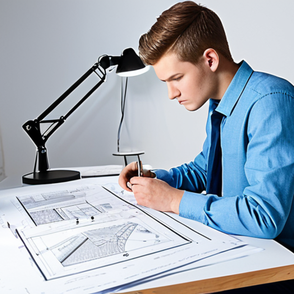 가구디자인 신입사원 업무 흐름 - Focused Learning**

"A young furniture designer, fully clothed in professional attire, studying blue...