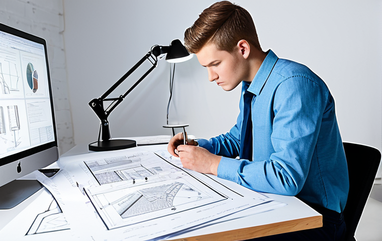 가구디자인 신입사원 업무 흐름 - Focused Learning**

"A young furniture designer, fully clothed in professional attire, studying blue...