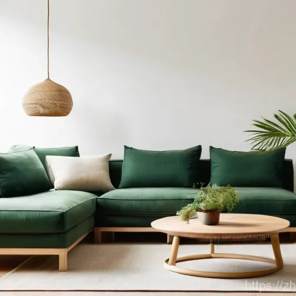 가구디자인에 적합한 마감재 선택 - **Prompt: A bright, modern living room bathed in soft natural light, showcasing sustainable and heal...