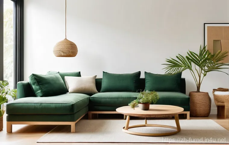 가구디자인에 적합한 마감재 선택 - **Prompt: A bright, modern living room bathed in soft natural light, showcasing sustainable and heal...