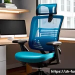 가구디자인에서 인간공학 적용 사례 - A modern ergonomic office chair in a bright, contemporary workspace, featuring adjustable seat heigh...
