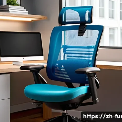 가구디자인에서 인간공학 적용 사례 - A modern ergonomic office chair in a bright, contemporary workspace, featuring adjustable seat heigh...