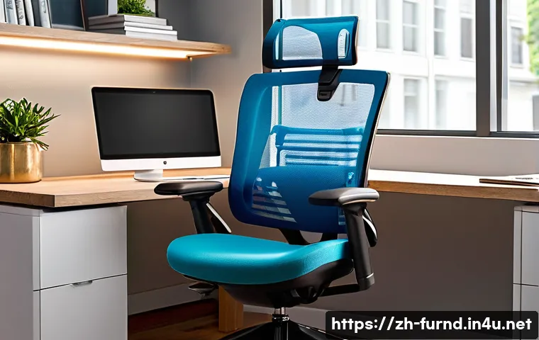 가구디자인에서 인간공학 적용 사례 - A modern ergonomic office chair in a bright, contemporary workspace, featuring adjustable seat heigh...