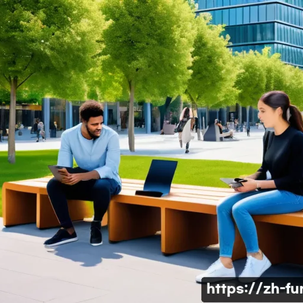 가구디자인 공공 디자인 사례 - A modern urban cultural plaza scene featuring modular smart benches made from eco-friendly composite...