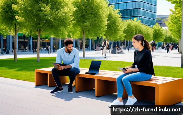 가구디자인 공공 디자인 사례 - A modern urban cultural plaza scene featuring modular smart benches made from eco-friendly composite...