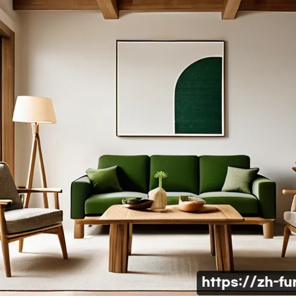 가구디자인 트렌드 분석 - A modern living room featuring eco-friendly furniture made from natural materials such as solid wood...