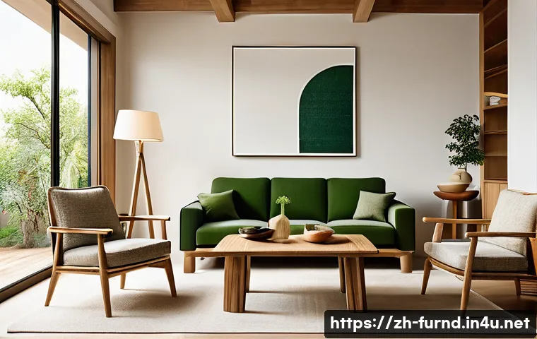 가구디자인 트렌드 분석 - A modern living room featuring eco-friendly furniture made from natural materials such as solid wood...