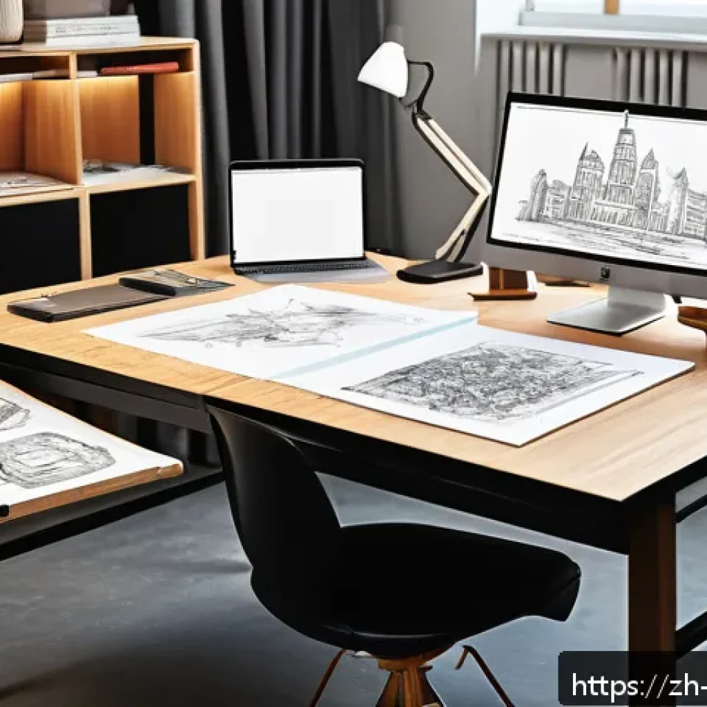 가구디자인 자격증 시험 후기 - A modern furniture designer&rsquo;s workspace featuring a large drafting table with detailed hand-drawn pe...