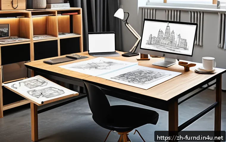 가구디자인 자격증 시험 후기 - A modern furniture designer&rsquo;s workspace featuring a large drafting table with detailed hand-drawn pe...