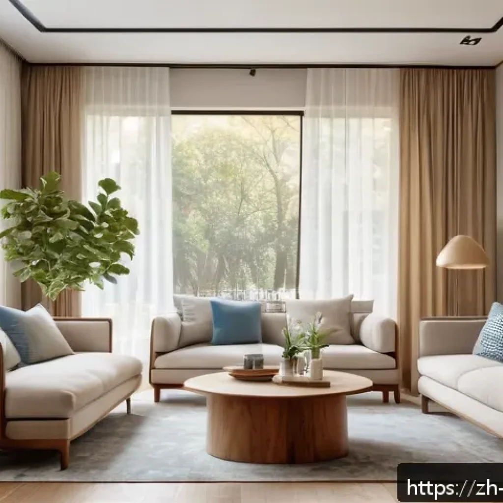 가구디자인과 공간 디자인의 관계 - A modern cozy living room interior featuring a soft color palette of light beige and warm camel tone...