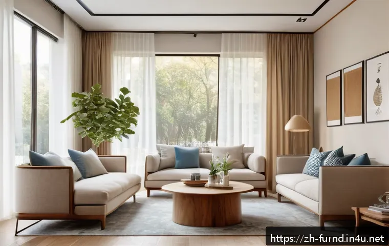 가구디자인과 공간 디자인의 관계 - A modern cozy living room interior featuring a soft color palette of light beige and warm camel tone...