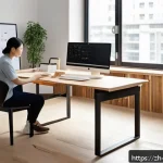 가구디자인 3D 모델링 소프트웨어 추천 - A modern, bright furniture design studio workspace with a sleek computer screen displaying a user-fr...