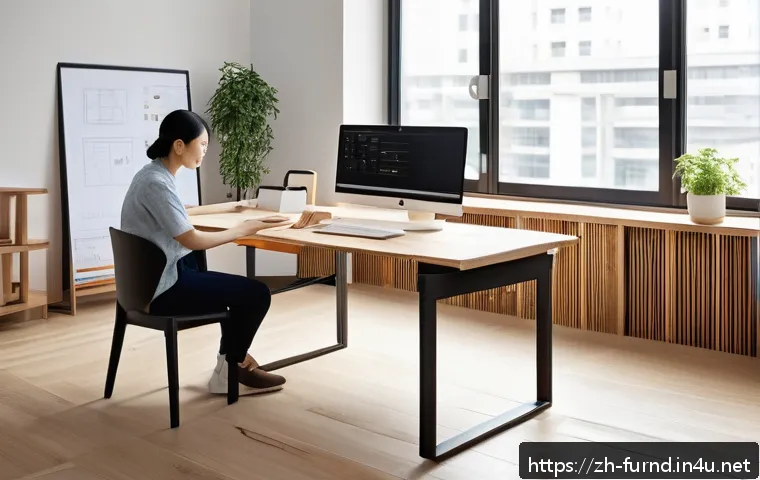 가구디자인 3D 모델링 소프트웨어 추천 - A modern, bright furniture design studio workspace with a sleek computer screen displaying a user-fr...