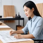 가구디자인 필수 자격증 리스트 - A modern furniture designer&rsquo;s studio with a young professional woman wearing stylish business casual...