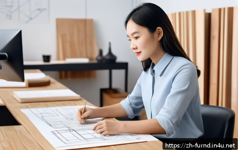 가구디자인 필수 자격증 리스트 - A modern furniture designer&rsquo;s studio with a young professional woman wearing stylish business casual...