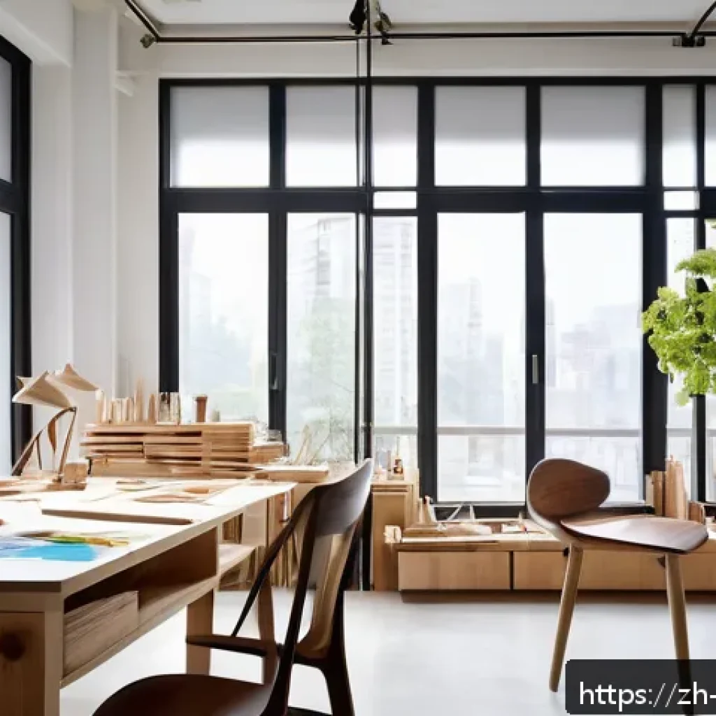 가구디자인 직업의 장단점 - A modern furniture designer&rsquo;s studio showcasing a creative workspace filled with sketches, wood samp...