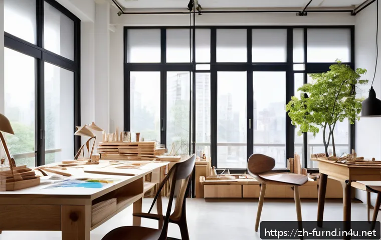 가구디자인 직업의 장단점 - A modern furniture designer&rsquo;s studio showcasing a creative workspace filled with sketches, wood samp...