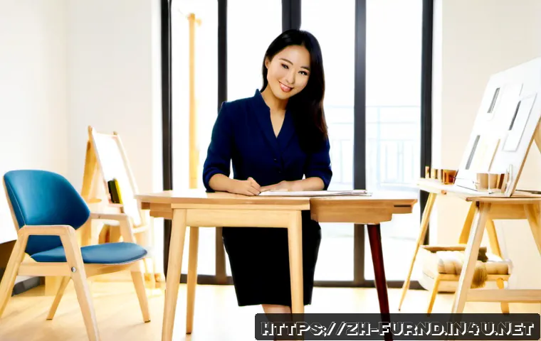 가구디자인 커리어 전환 성공 사례 - Photorealistic career transition success scene, a confident middle-aged Asian woman furniture design...